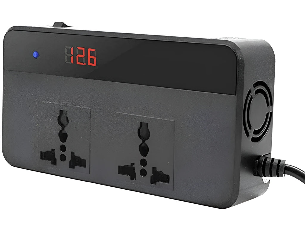 Black PC fireproof housing car power inverter with 220V AC socket and USB port, dimensions 149x74x35mm