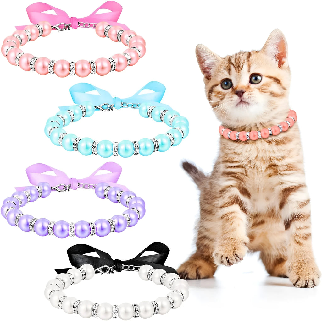 Small dog wearing adjustable diamond pearl necklace with rhinestones and ribbon bow in blue colour
