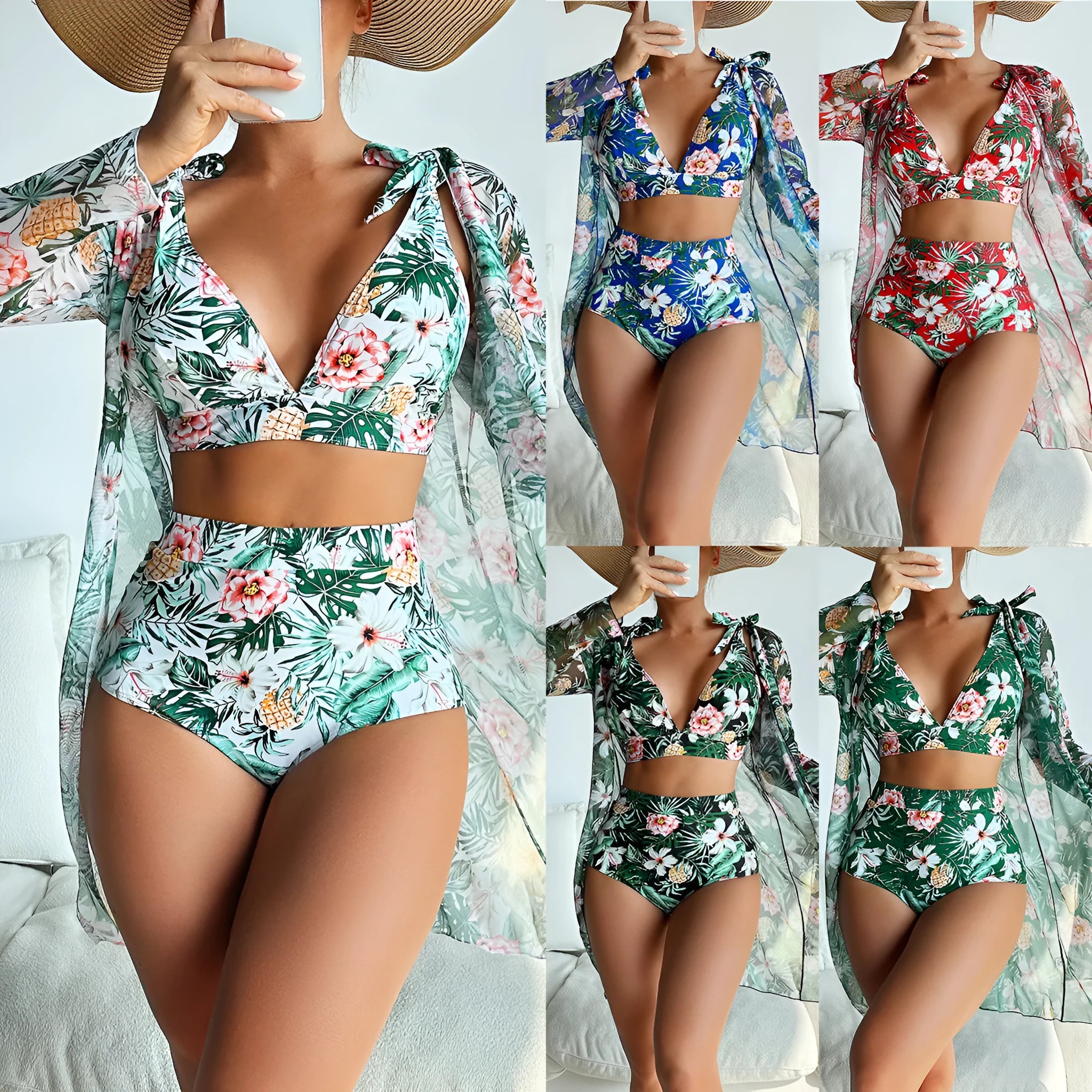Women's multicolour printed bikini swimsuit three-piece set with shirt, bra, and shorts.