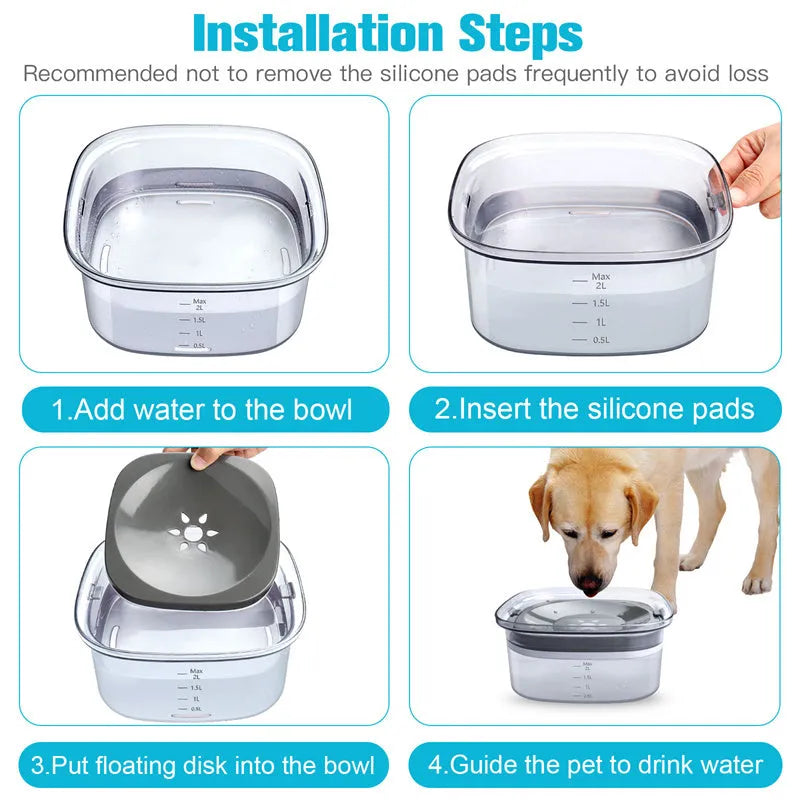 Transparent plastic pet water bowl with floating disc showing water level and non-slip base