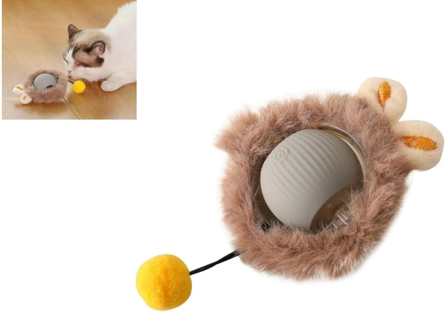Automatic rotating pet ball with string in grey, green, and red colours for dogs and cats