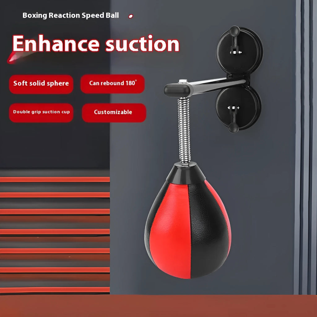 Pear-shaped hanging boxing training ball with red and black head on elastic cord and dual suction cup base.