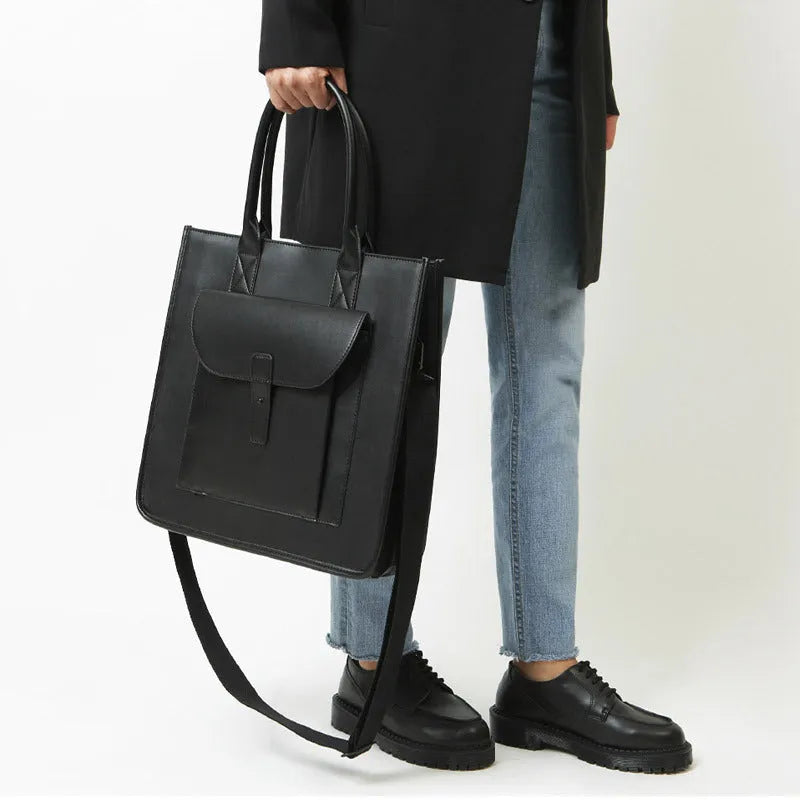Shoulder messenger bag in black PU leather with vertical square shape and shoulder strap