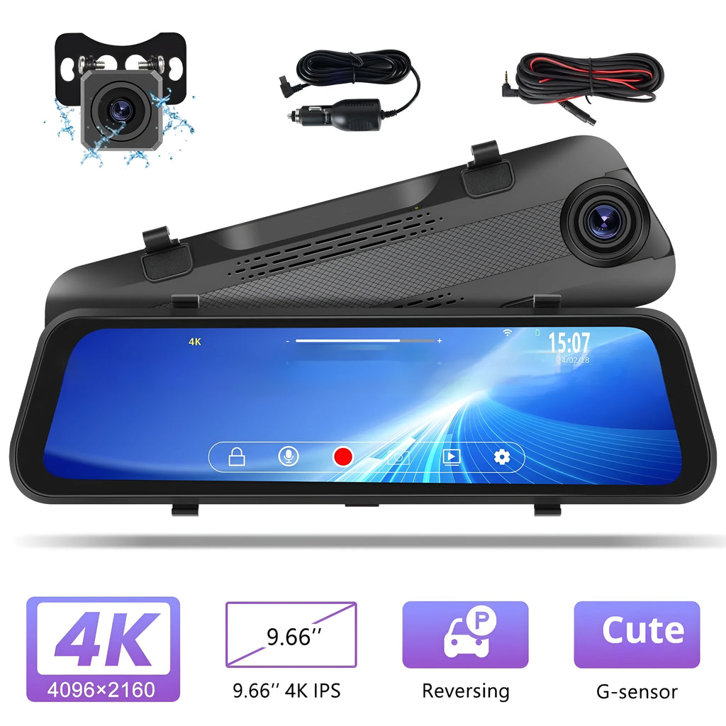 9.66-inch streaming media rearview mirror dash cam with touch screen and dual camera recording system