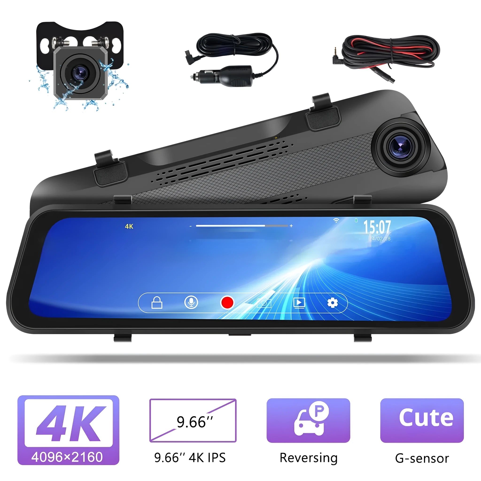 9.66-inch streaming media rearview mirror dash cam with touch screen and dual camera recording system