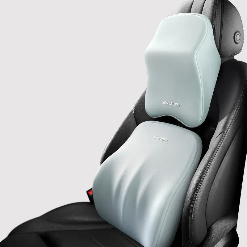 Memory foam car lumbar pillow and headrest set with geometric pattern in black, grey, green, or pink options