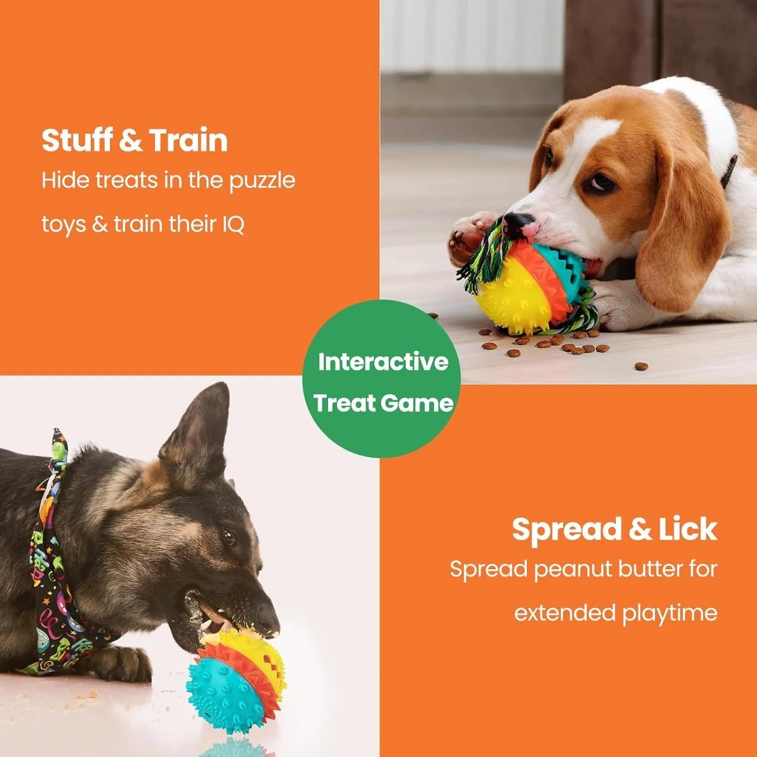 Blue and red 4.25 inch diameter dog ball toy with treat dispenser hole and surface texture for aggressive chewers