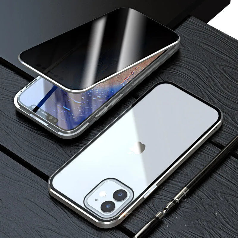 Magnetic privacy glass iPhone case in black showing anti-peeping screen protection feature