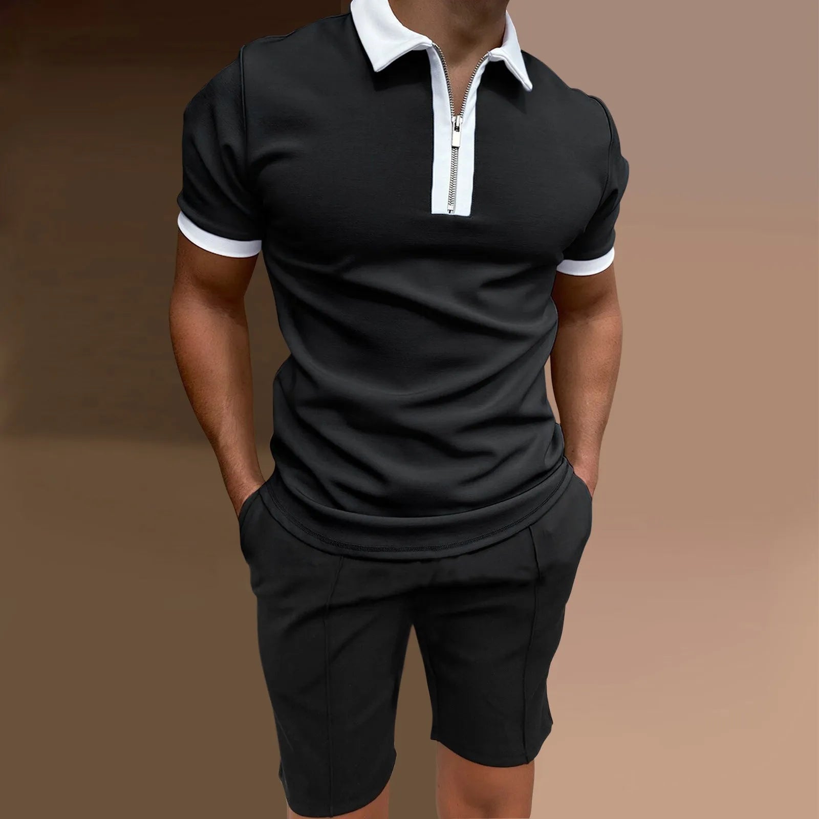 Men's printed polyester two-piece casual set with matching short sleeve top and shorts