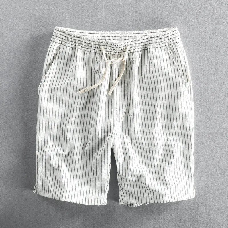 Men's striped cotton casual shorts with loose straight fit and micro elastic waist