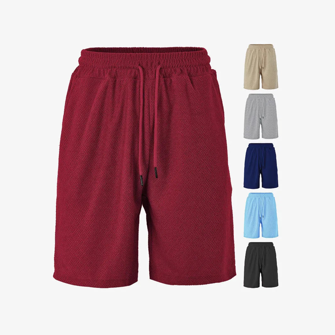 Men's loose fit towel jacquard casual shorts in navy blue, front view