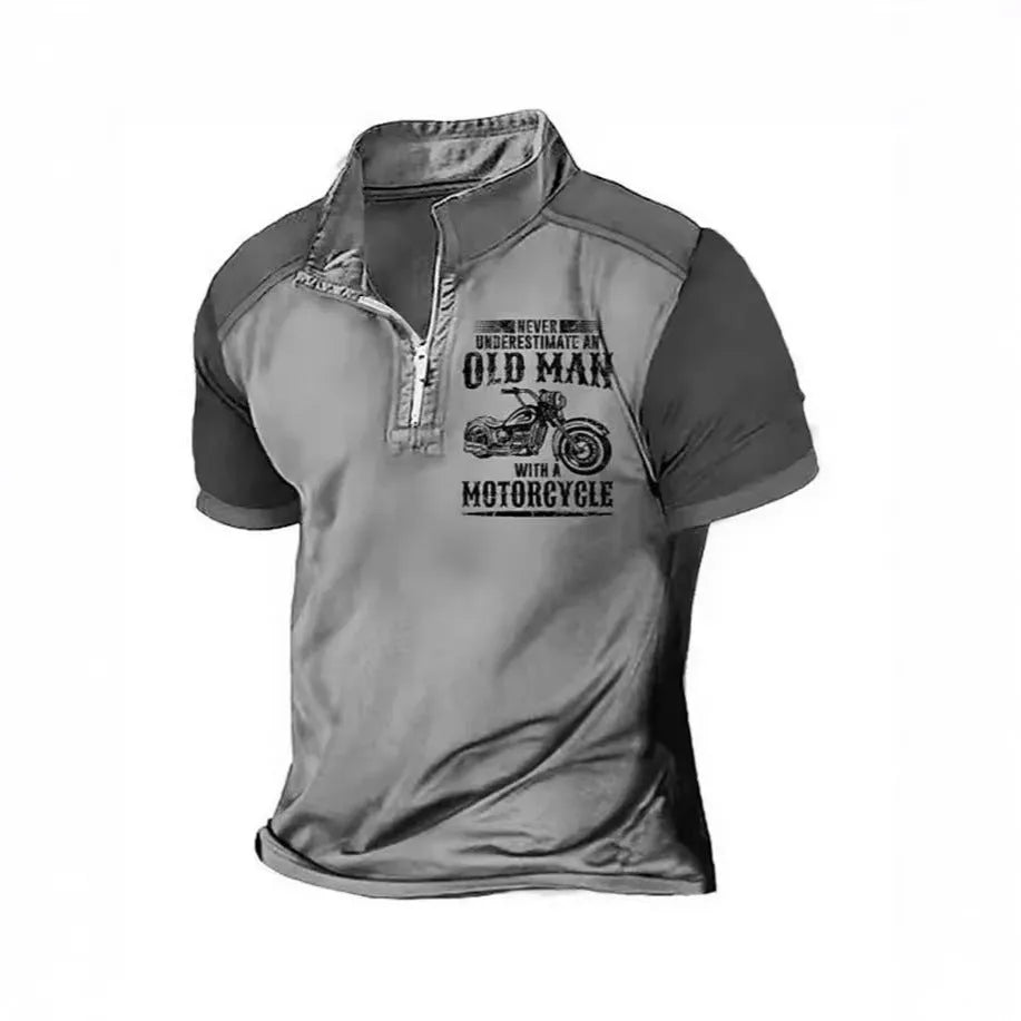 Men's casual lapel polo shirt with digital letter print and zipper decoration detail on sleeve.