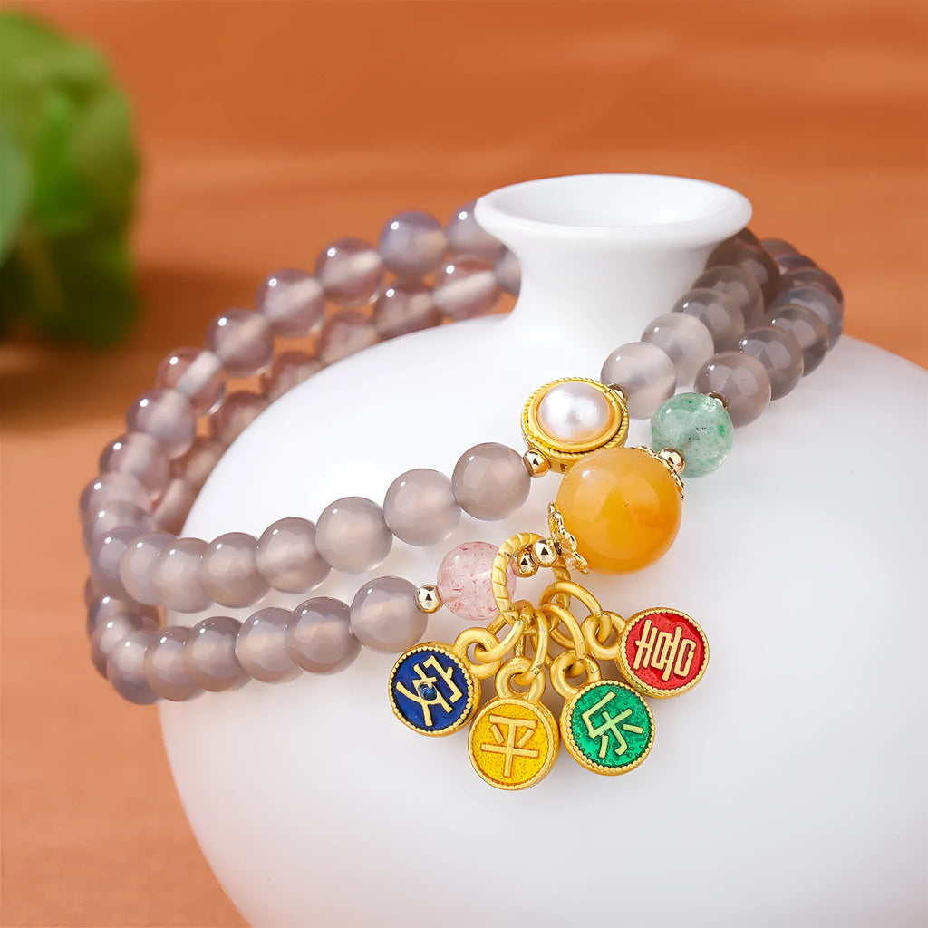 Natural gray agate bracelet with two-circle retro design for women.