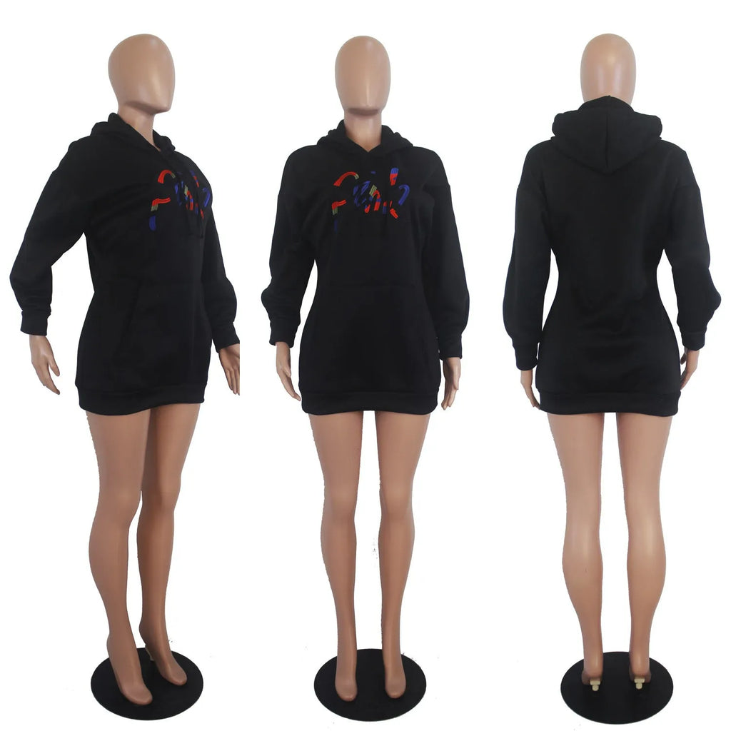 Casual solid colour embroidered letter bat sleeve hooded dress in blue against white background