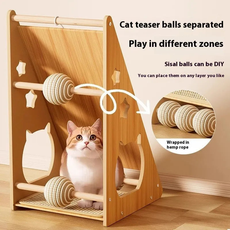 Vertical wall-mounted cat scratch board with sisal surface and dangling cat teasing ball on hemp rope