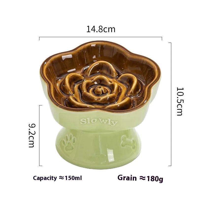 Black ceramic pet bowl with a high foot and neck protector to prevent tipping, shown with flat and slanted rim options.