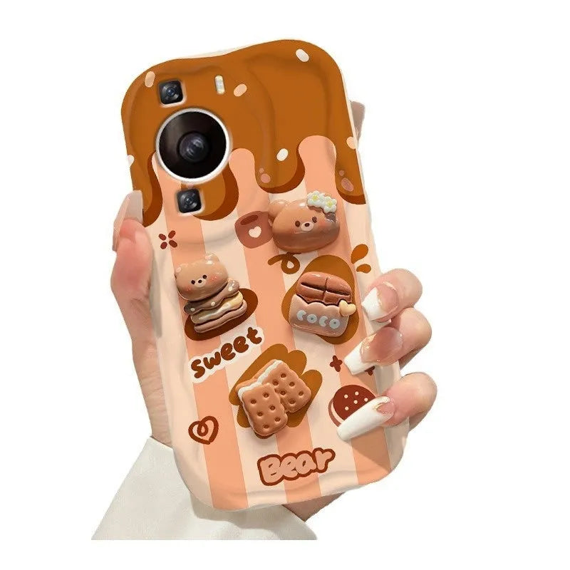 Cream pattern silicone phone case with chocolate doll lanyard for Apple iPhone anti-fall protection