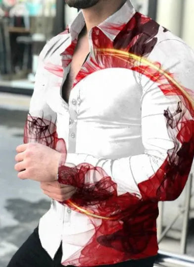 Men's printed polyester shirt cardigan in grey red, long sleeves, street tide style, available in sizes S to 4XL