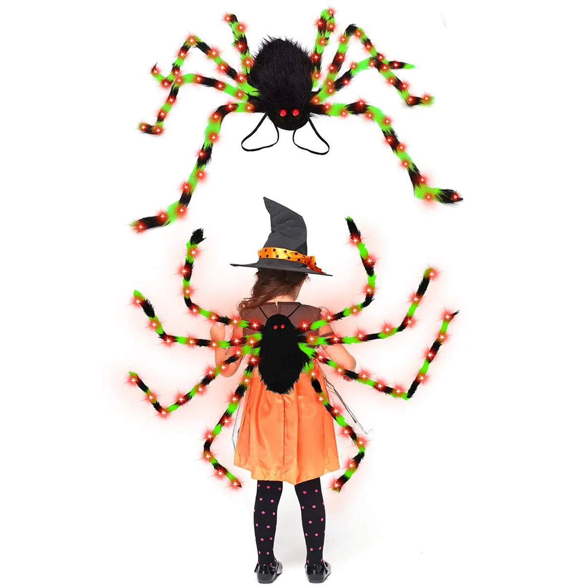 Halloween spider backpack with LED lights in plush sugar bag design