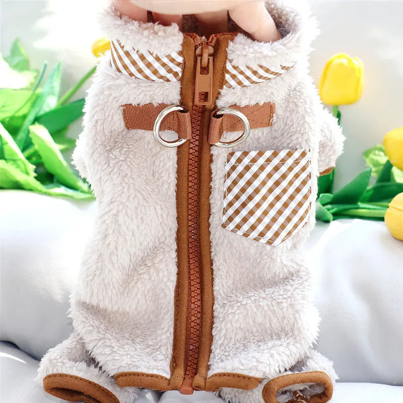 Green fleece dog jumpsuit with four legs and back zipper for small breed winter wear
