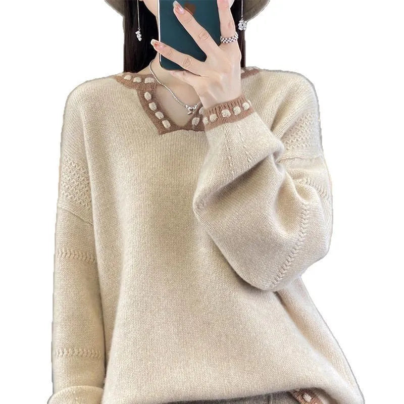 Women's white V-neck pullover sweater with long sleeves viscose fibre construction