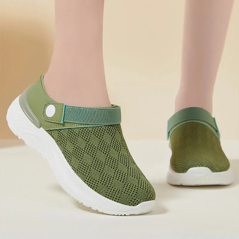 Women's breathable mesh sandals one-step slip-on round toe half-slip design with PVC sole