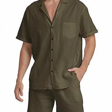 Men's flax fabric sports shorts suit with short-sleeved top and matching shorts