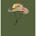 Army green cotton fisherman hat with retro patchwork design and flat top crown for summer sun protection