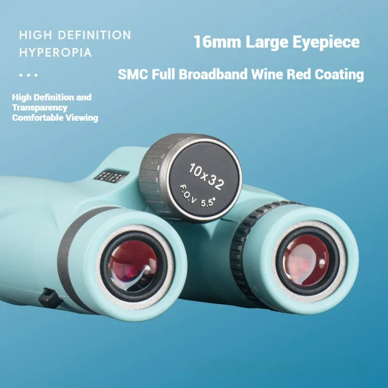 Compact 10x32 binoculars with wine red film imaging in blue or grey plastic housing