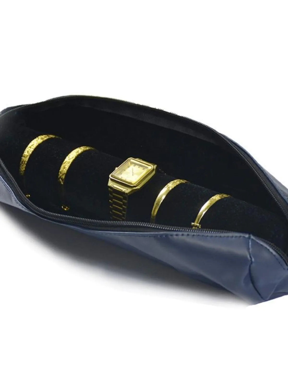 Portable bracelet watch storage bag in black leather with black bracelet stick on a flat surface