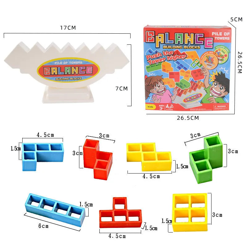 Plastic balance stacking game with 16 colourful blocks on chassis base for kids age 3+