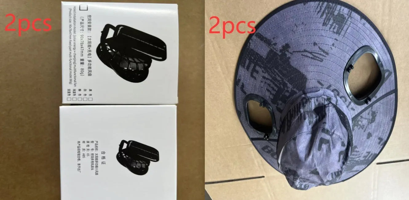 Men's grey solar cooling cap with large eave and visible fan unit on the front.