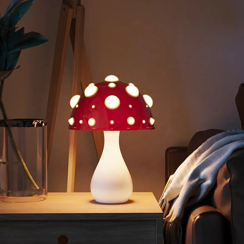 Mushroom decorative table lamp with tri-colour light on a bedside table, white base option, modern simplicity style