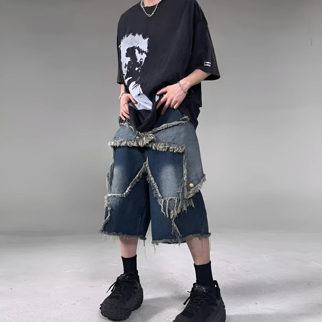 Blue denim shorts with frayed five-point star detailing in retro American style, loose fit for summer