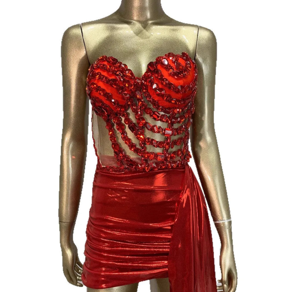 Women's red Spandex stage costume skirt suit with hollow mesh see-through design, front view