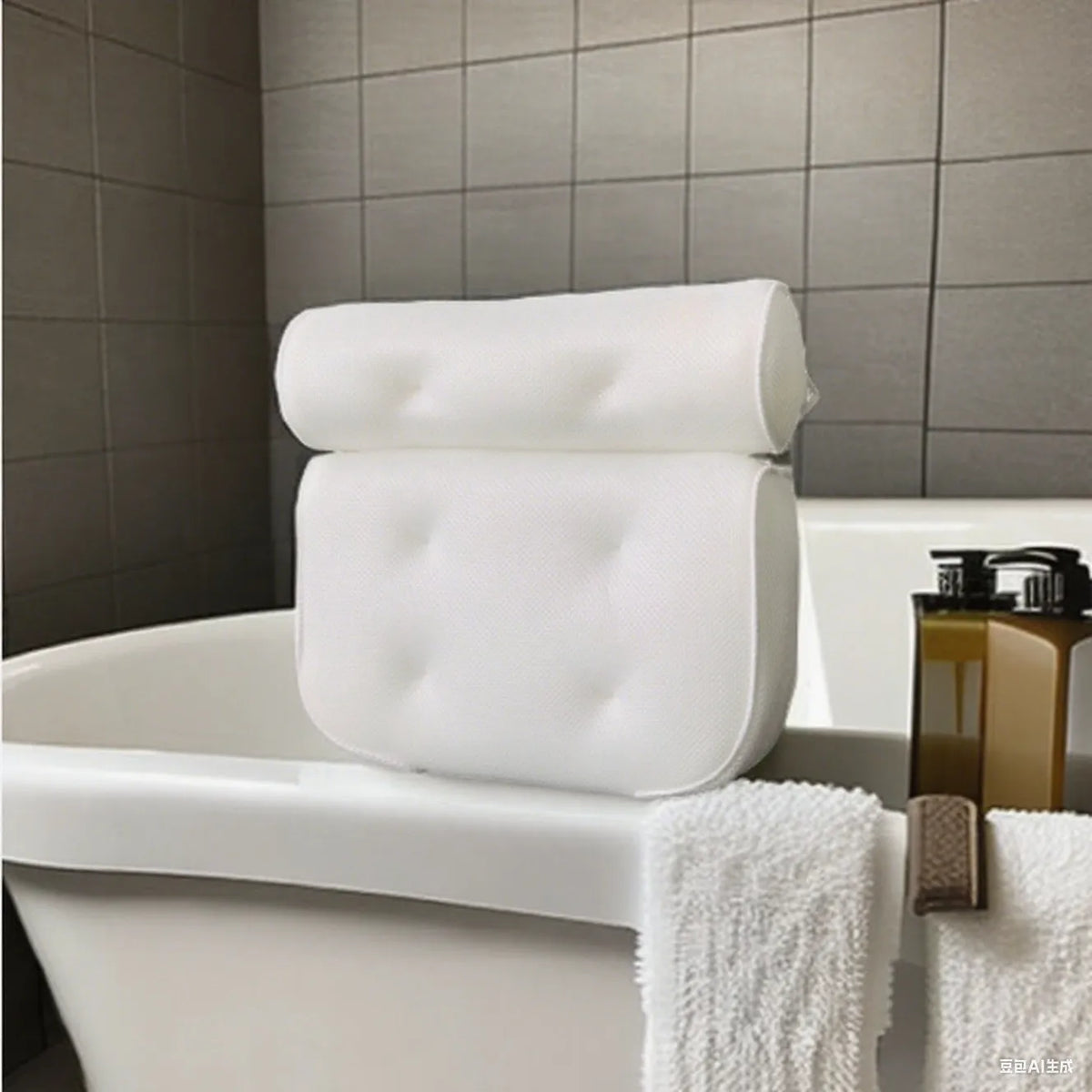 White 4D mesh bathtub pillow with 7 upgrade suction cups, 37X34X10cm