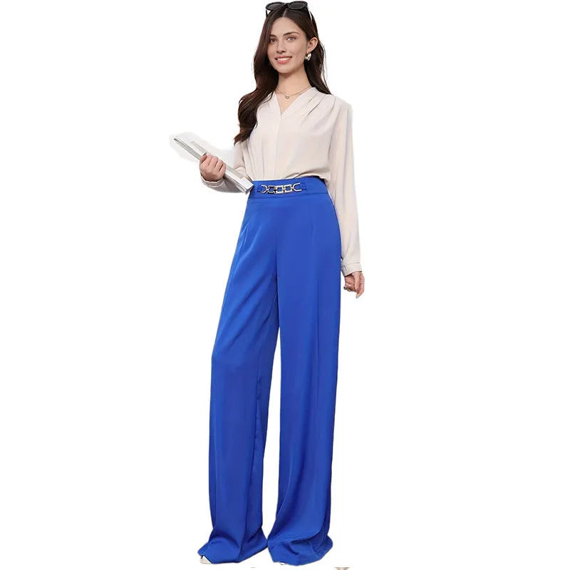 Solid colour draped wide leg pants for women, straight-leg polyester trousers with elastic waist, eight colour options