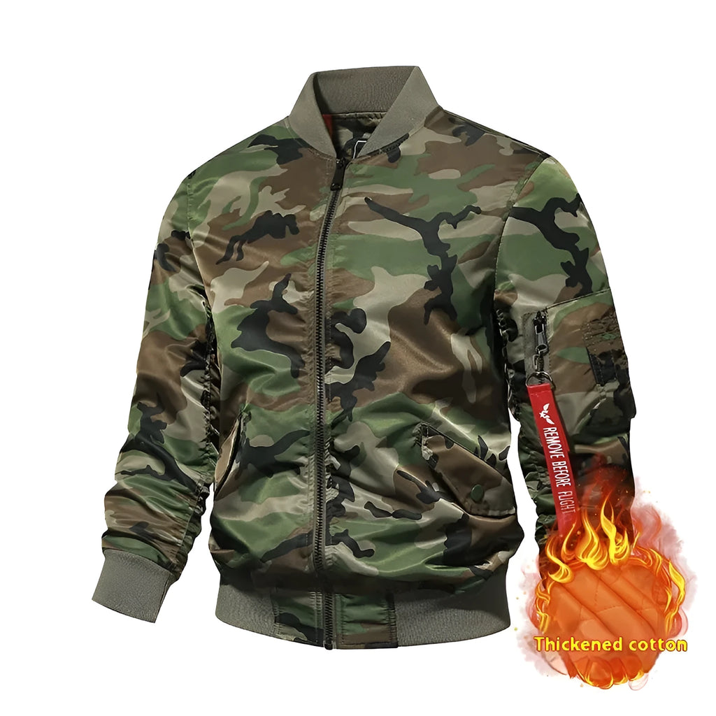 Thickened camouflage plus size men's coat with side pockets, regular fit, long sleeves, straight hem, no hood