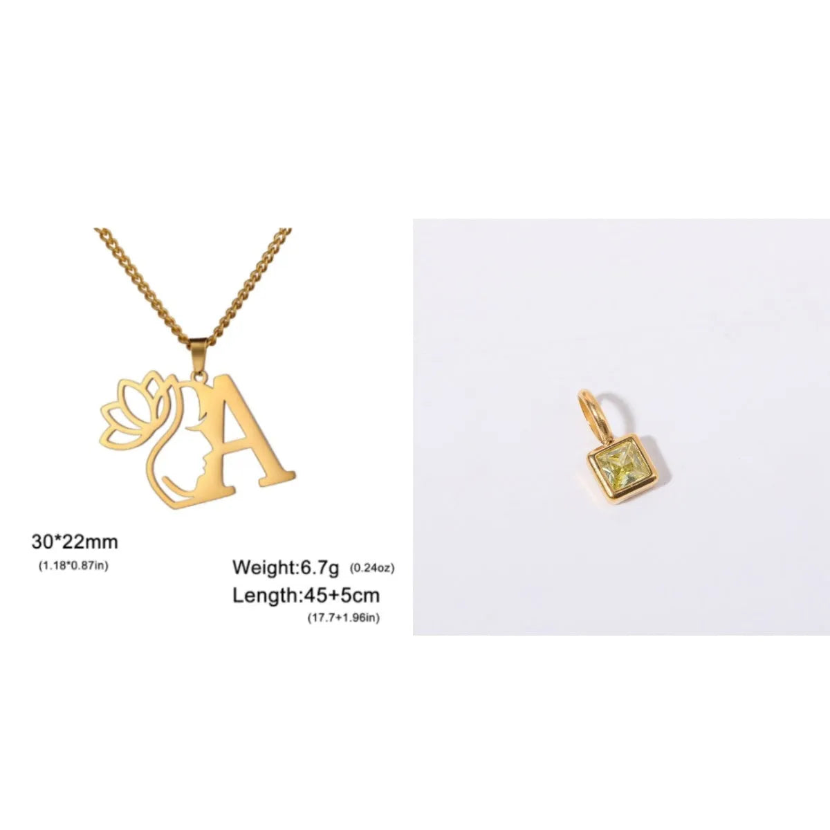 Stainless steel necklace with cross chain and a single initial pendant in a gold or silver finish.