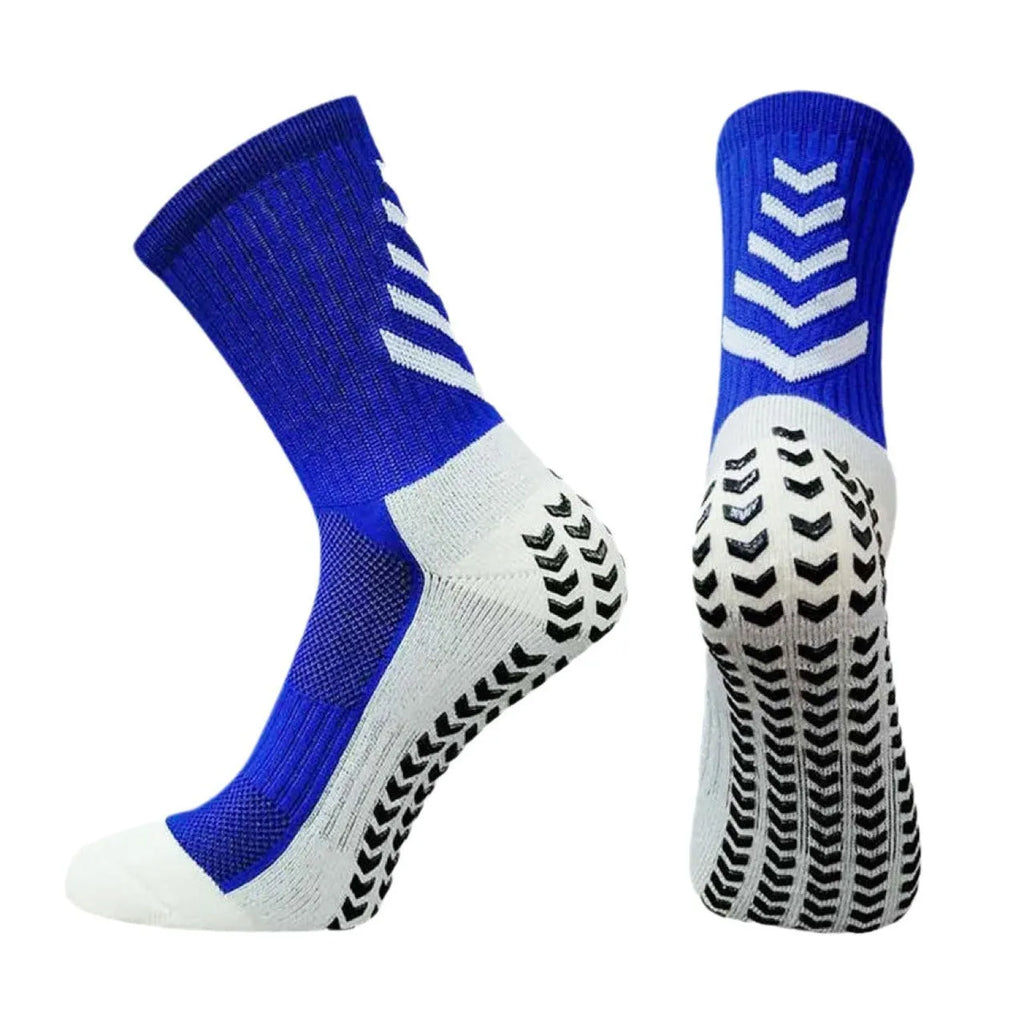 Men's mid-calf athletic socks with non-slip silicone grip, arrow black design, polyester thickened construction for running and football