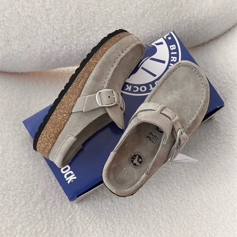 Unisex lazy mule slippers in antelope brown with cow suede upper and cork sole, side view