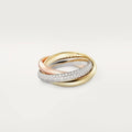 A pair of silver couple rings with a full diamond setting and U-shaped geometric design on a grey background.