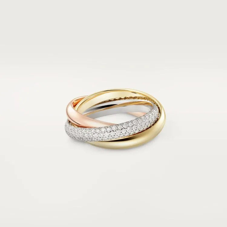 A pair of silver couple rings with a full diamond setting and U-shaped geometric design on a grey background.