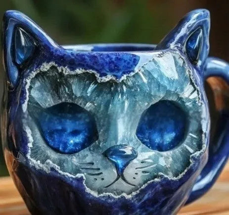 Purple geode crystal cat design resin mug for drinks on a wooden table.