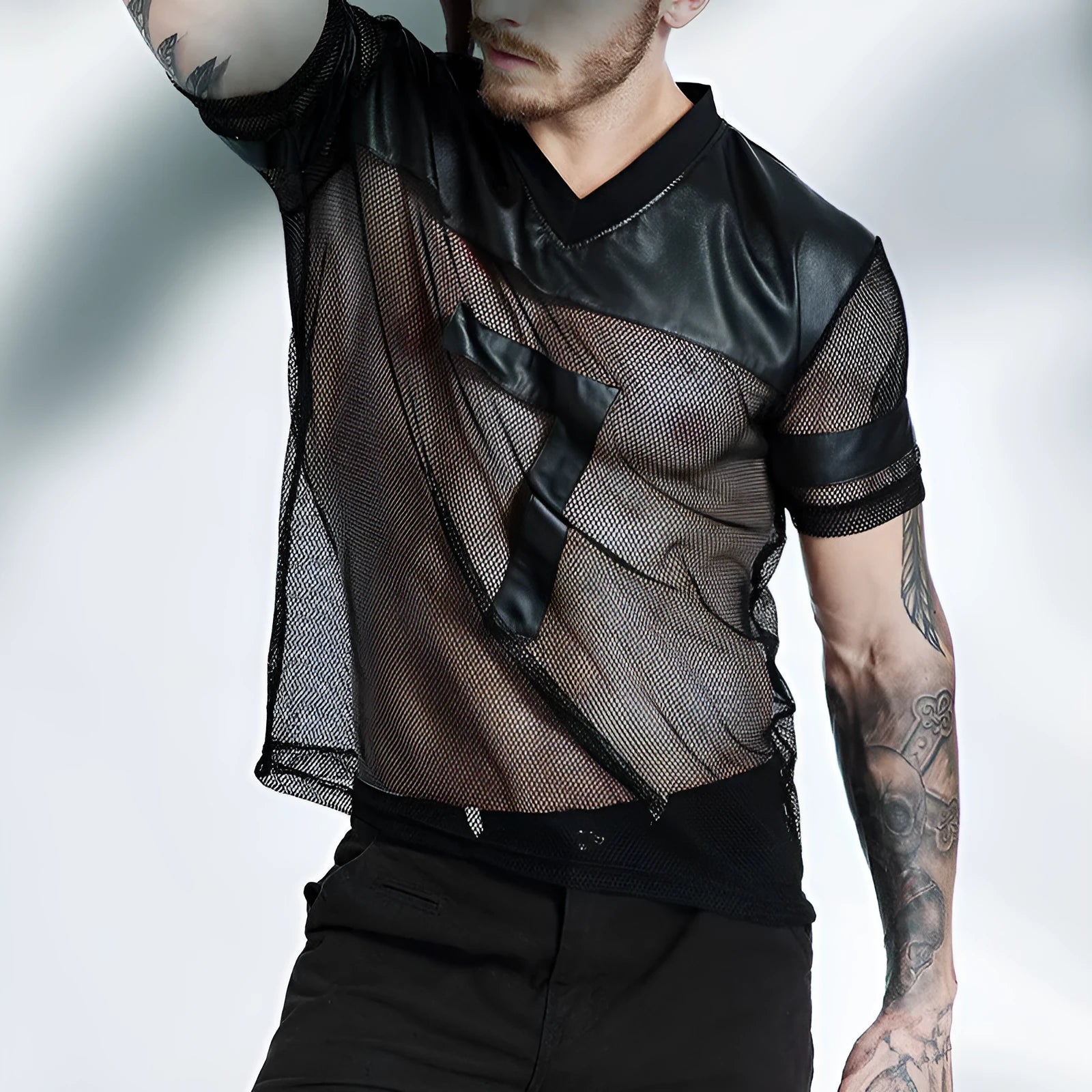 Black men's mesh sports T-shirt with V-neck and stitching collage detailing