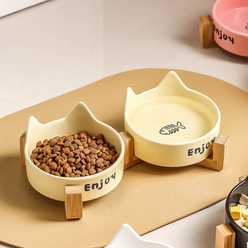 Porcelain cat bowl with wooden anti-tumble frame in chosen colour with cat ear design