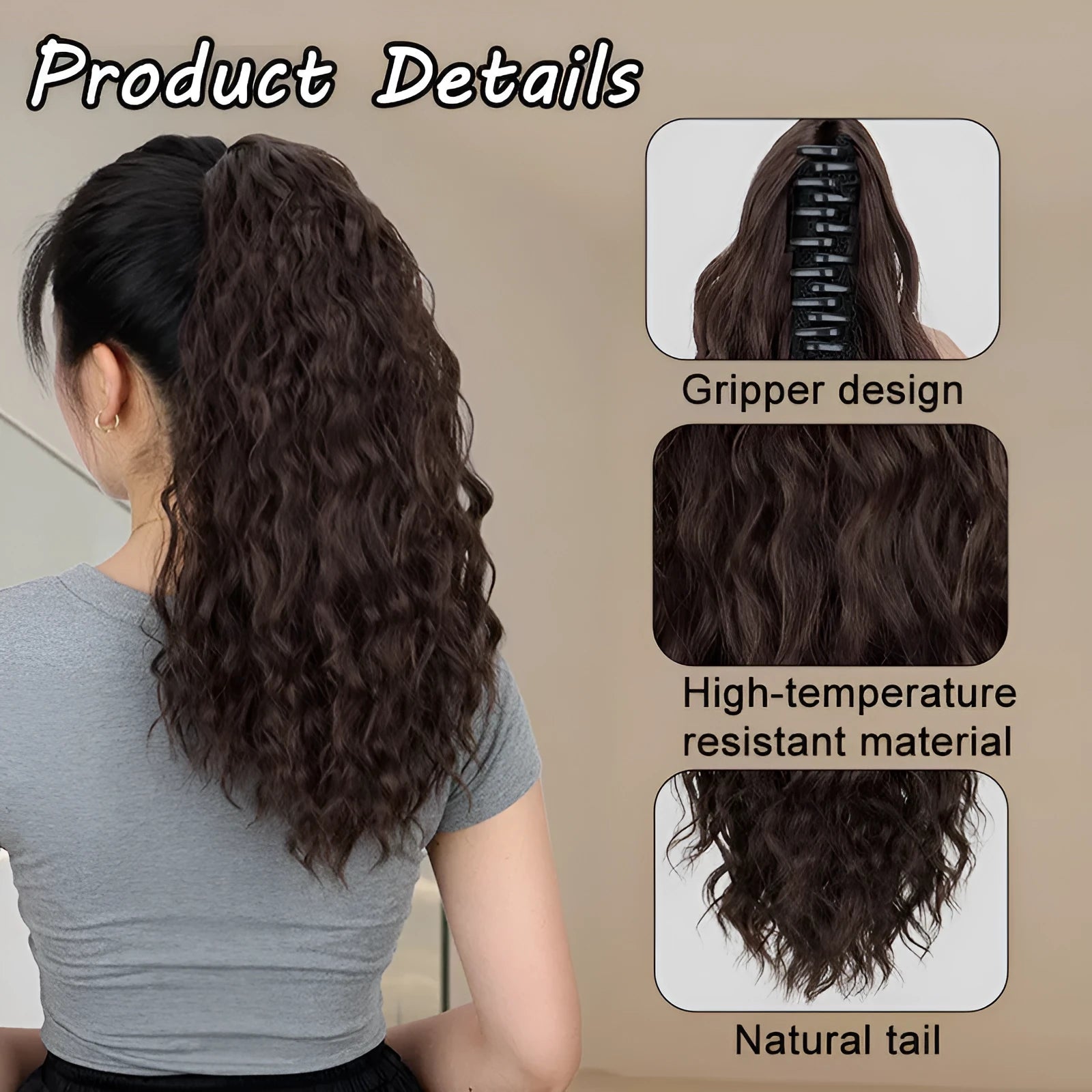 Corn curler wig with water ripple grip ponytail in synthetic high temperature fibre, shown in colour 1B.
