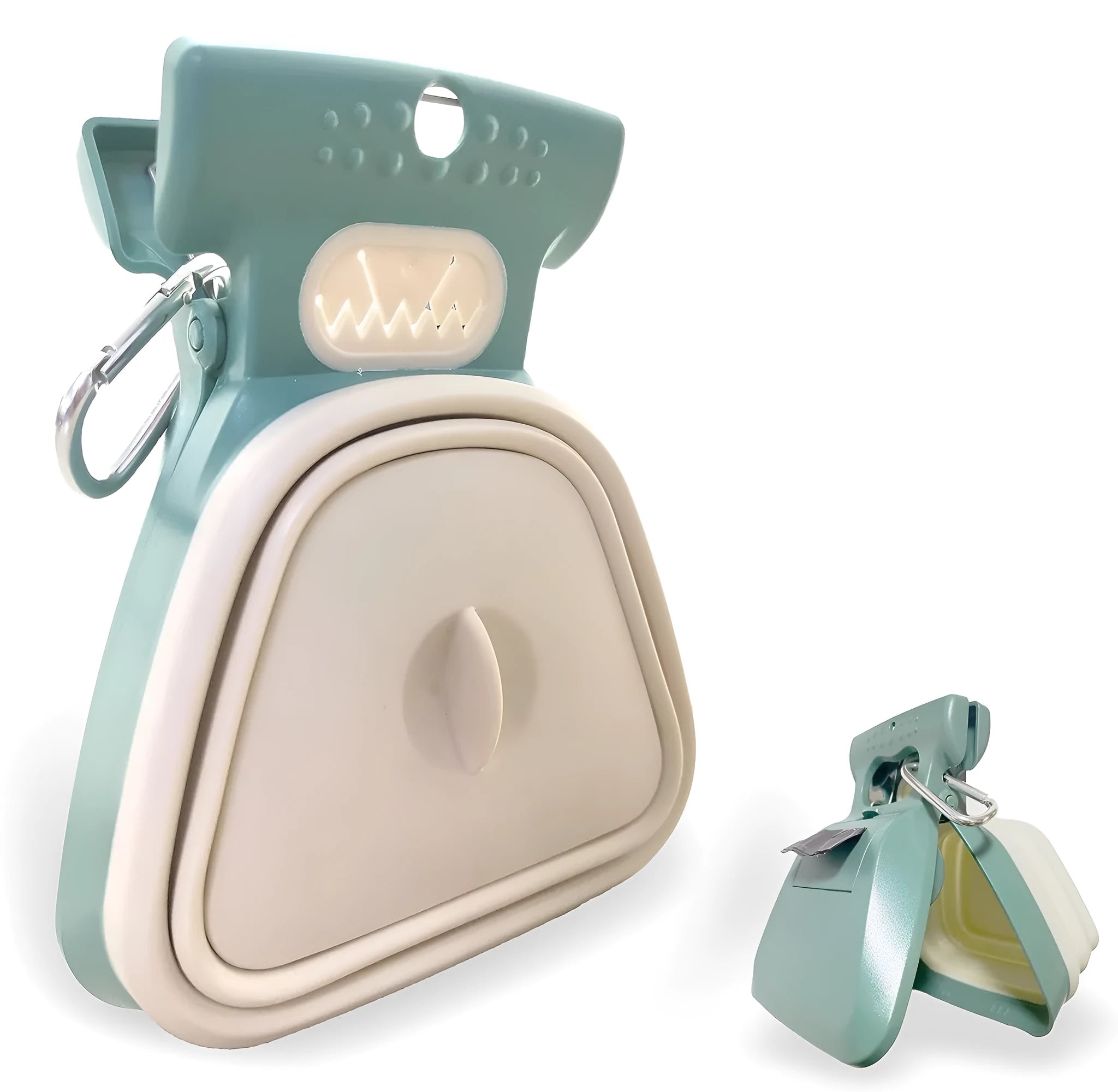 Blue expandable pooper scooper with clip attachment for dog waste cleanup