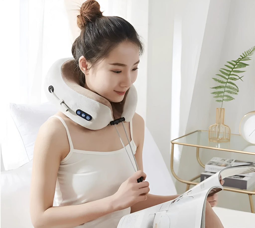Brown U-shaped electric neck massage pillow with heat function and USB charging port