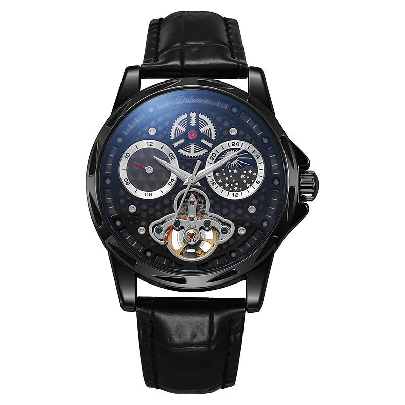 Men's automatic waterproof watch with luminous hands on a black dial with steel bracelet.